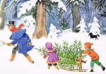 Elsa Beskow - Mann und Kinder bringen den Weihnachtsbaum