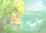 Ruth Elssser - Juli - Zwei Kinder am Ufer des Sees